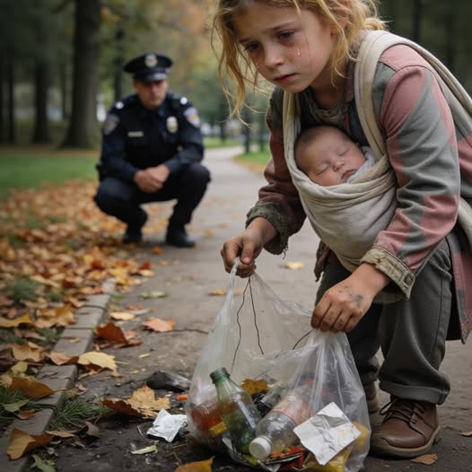 Ein Polizist dachte, er reagiere auf einen routinemäßigen Einsatz – bis er ein obdachloses kleines Mädchen fand, das Müll sammelte, während sie ein Baby trug… Was sie flüsterte, brach ihn