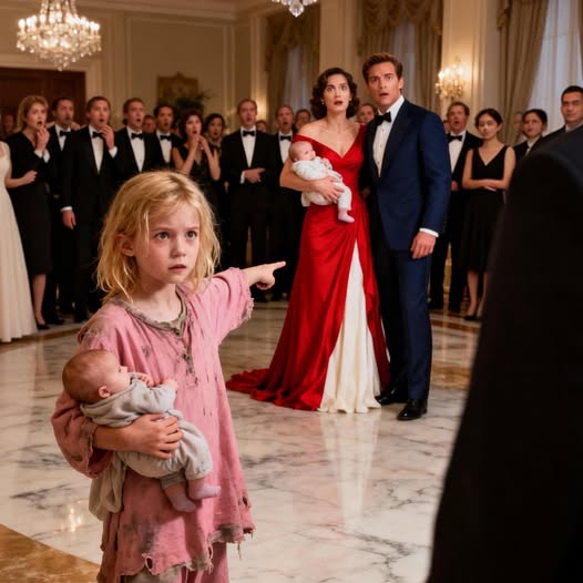 Ein Milliardär feierte seine Verlobung – bis ein obdachloses Mädchen mit einem Baby im Arm die Party stürmte und auf die Braut zeigte, wodurch der ganze Raum einfrierte…