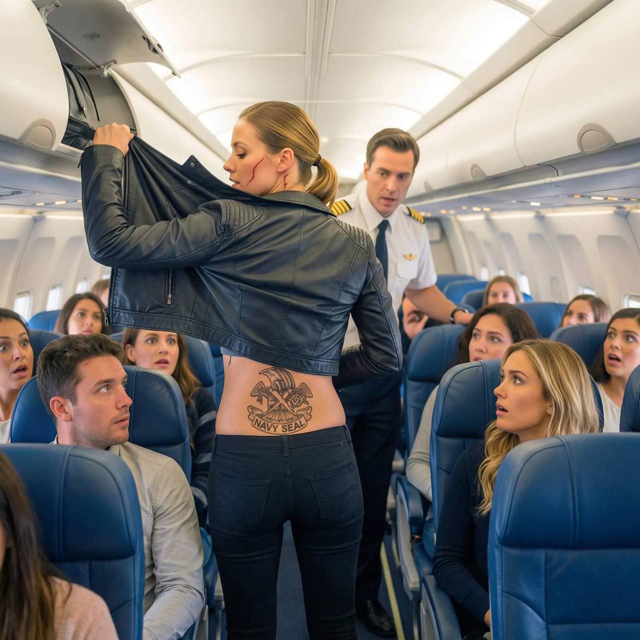 „Sie zwangen sie, aus der Ersten Klasse auszusteigen – bis der Pilot das SEAL-Tattoo auf ihrem Rücken sah … und wie erstarrt stehen blieb.“