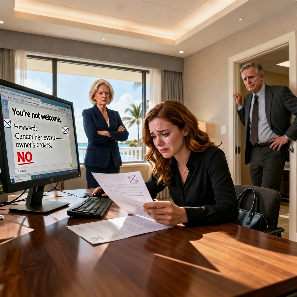 ”Du är inte välkommen”, mejlade mamma. ”Det här är min resort.” Jag vidarebefordrade det: ”Ställ in hennes evenemang – ägarens order.” Min chef svarade ”NEJ.” Jag fick ont ​​i magen… för någon hade redan åsidosatt mig.