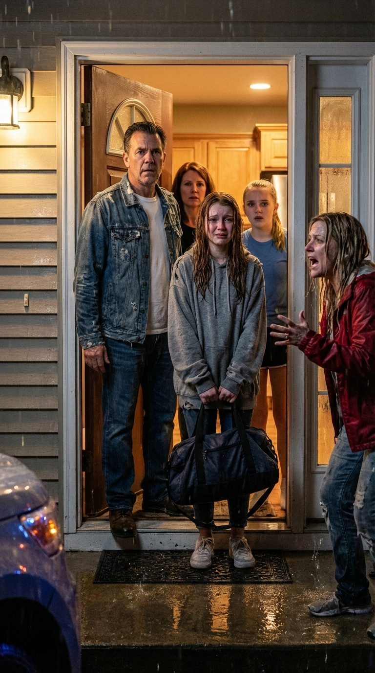 Min dotters vän kallade mig “pappa” för skämt – sedan kom hon genomblöt till vår dörr, bärandes på en duffelväska och bad om att få stanna. Minuter senare dundrade hennes fulla mamma utanför, och min familj var fångad i kaos den natten…