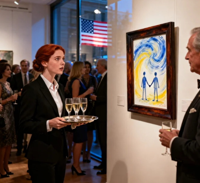 Jag serverade champagne på ett galleri när jag såg den. En målning jag gjorde när jag var 6 år. Prislapp: 150 000 dollar. ”Sir, den där målningen är min”, sa jag. ”Omöjligt”, skrattade galleristen. Han ringde säkerhetsvakten för att sparka ut mig. Men han glömde att kontrollera det hemliga meddelandet på baksidan av duken. – Nyheter