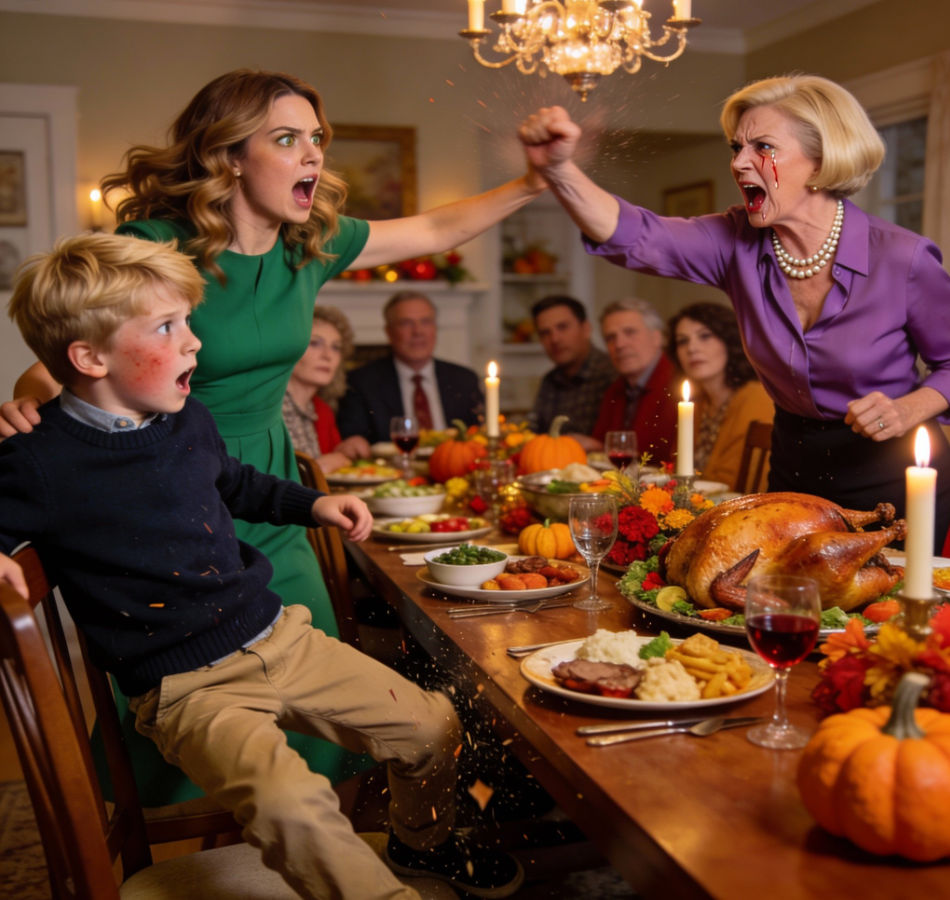 Min svärmor slog min 8-årige son på Thanksgiving-middagen. Hon skrek: “Han är inte riktig familj. Stick härifrån!” Han slog i golvet framför hela familjen – men ingen vågade säga något – som om ingenting hade hänt. Jag grät inte. Jag sa sex ord… Hon tappade sin tallrik. Rummet frös till. – Royals