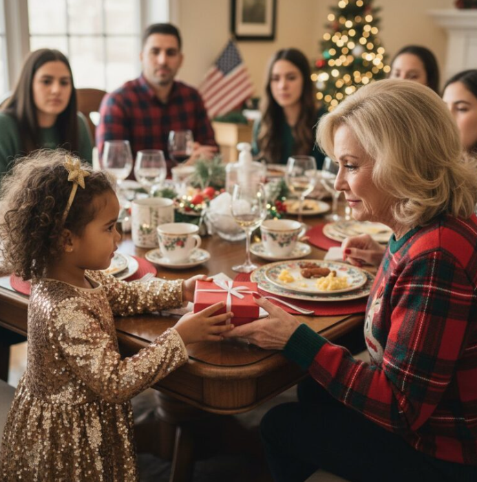 Min svärmor delade ut iPads och kontanter till sina “riktiga” barnbarn, men min 7-åriga dotter hämtade ett vanligt ljus från reahyllan och en etikett som inte ens innehöll hennes namn. Rummet blev tyst, och jag var redo att vända bordet. Men sedan reste sig min lilla flicka upp, slätade ut sin guldfärgade klänning och sköt en röd ask över bordet. Hon sa: “Pappa sa att jag skulle ge dig den här om du någonsin ignorerade mig igen.” Det som fanns inuti den där asken förstörde inte bara julen – det avslutade en toxisk cykel för alltid.