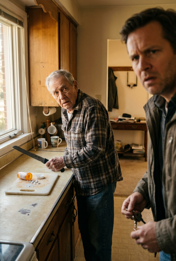 Jag kom in på min 72-årige far som tyst skar sin hjärtmedicin på mitten med en kökskniv, i ett försök att sträcka ut sitt recept och spara pengar – en oroande upptäckt som avslöjade hur mycket han hade offrat i tysthet.