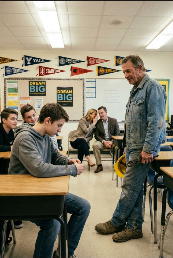 De hånade mig för att jag dök upp på karriärdagen med ett fläckigt, slitet verktygsbälte – tills en sörjande pojke reste sig upp och delade med sig av en bekännelse som tystnade i rummet och förvandlade deras skratt till chockad reflektion inom några sekunder.