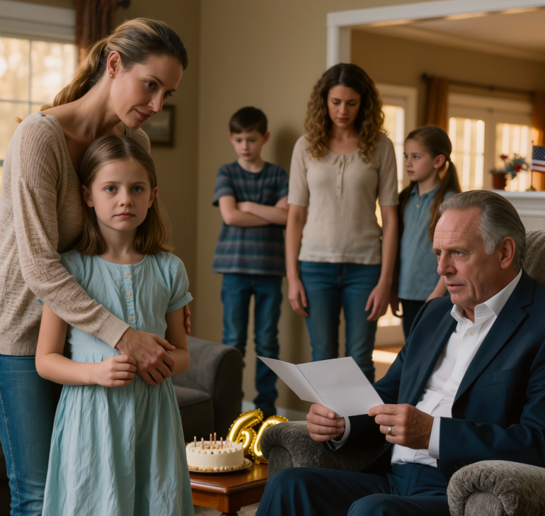 Min 8-åriga dotter, som jag adopterade, skrev en dikt till sin farfars 60-årsdag… men han ryckte åt sig kortet och yttrade en kylig mening – jag bråkade inte, jag bara reste mig upp och sa en sak… och hela rummet blev tyst.