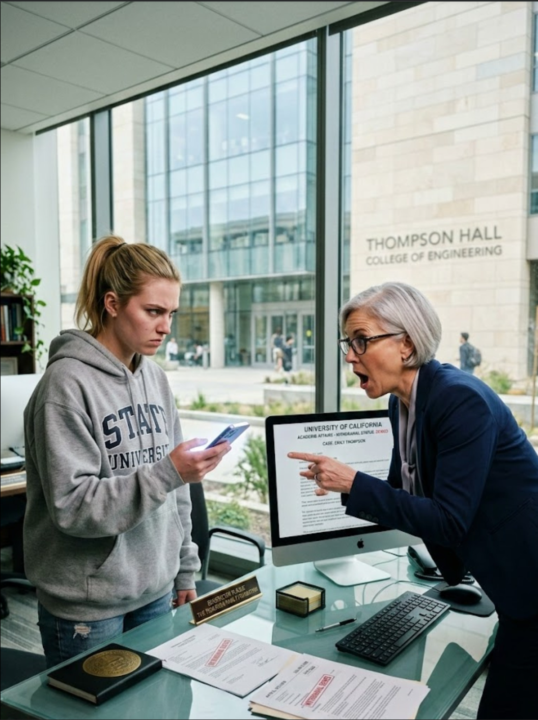 Jag satt i den avancerade termodynamiken när min telefon exploderade av samtal från min mamma. När jag äntligen gick ut, informerade hon mig lugnt om att hon hade tagit mig ur universitetet, påstod att jag hade en “psykisk kris” till registratorn och förväntade sig att jag skulle komma hem omedelbart för att sköta bokföringen för min brors misslyckade startup. Hon trodde att eftersom hon var min kontaktperson vid nödsituationer, ägde hon min framtid. Jag rusade till administrationsbyggnaden, rasande, bara för att hitta henne i telefonen och skrika åt dekanens assistent om min “själviska akademiska fantasi”. MEN RUMMET BLEV HELT TYST NÄR ASSISTENTEN AVBRÖT HENNE MED ETT KYSANDE FAKTUM: JAG VAR INTE BARA EN STUDENT – JAG VAR DEN ANONYMA GIVARE SOM PERSONLIGEN FINANSIERADE DEN INGENJÖRSBYGGNAD VÄRDA 4,2 MILJONER DOLLAR SOM HON JUST STOD I. NÄR MIN MAMMA FLÄPPADE I ANDRA ÄNDEN INGÅR UNIVERSITETSJURISTEN MED EN VARNING SOM FÖRVÄNDADE HENNES “SMARTA” PLAN TILL EN GROVSUTREDNING …