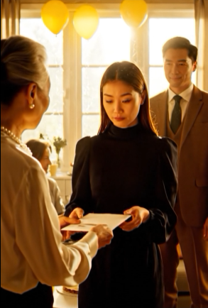 På min egen babyshower gav min svärmor mig ett vitt kuvert och tillkännagav: ”Fyrtiosju anledningar till att min son borde skilja sig från dig”, och medan femtio personer skrattade under gula ballonger, bråkade jag inte – jag ringde ett samtal till First National, öppnade min bankapp och såg filialchefen tystna, försvinna på färg, och vinka mig tillbaka in på sitt kontor.