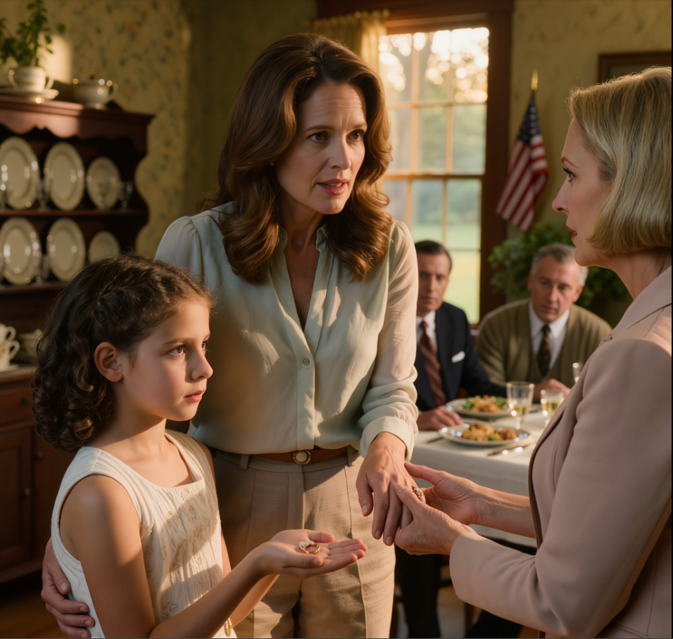 Min dotter hittade den gamla ringen under skåpet – min syster ryckte åt sig den och log: ”Ett familjeklenod är bara för en riktig dotter” – hela familjen bara fnissade… Jag tog tyst hem min dotter – klockan 23:47 sms:ade min syster: ”Berätta inte för henne” – och jag öppnade kuvertet hon lämnade kvar, skickade iväg exakt ett foto…