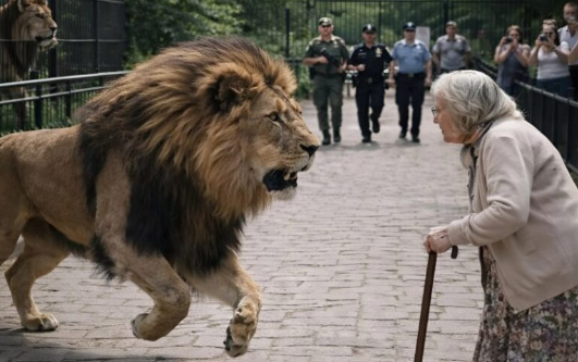 Ett lejon rymde från djurparken och stannade bredvid henne, när han fick syn på en gammal kvinna i parken; krypskyttar hade redan siktet inställt på honom, men just i det ögonblicket hände något oväntat.