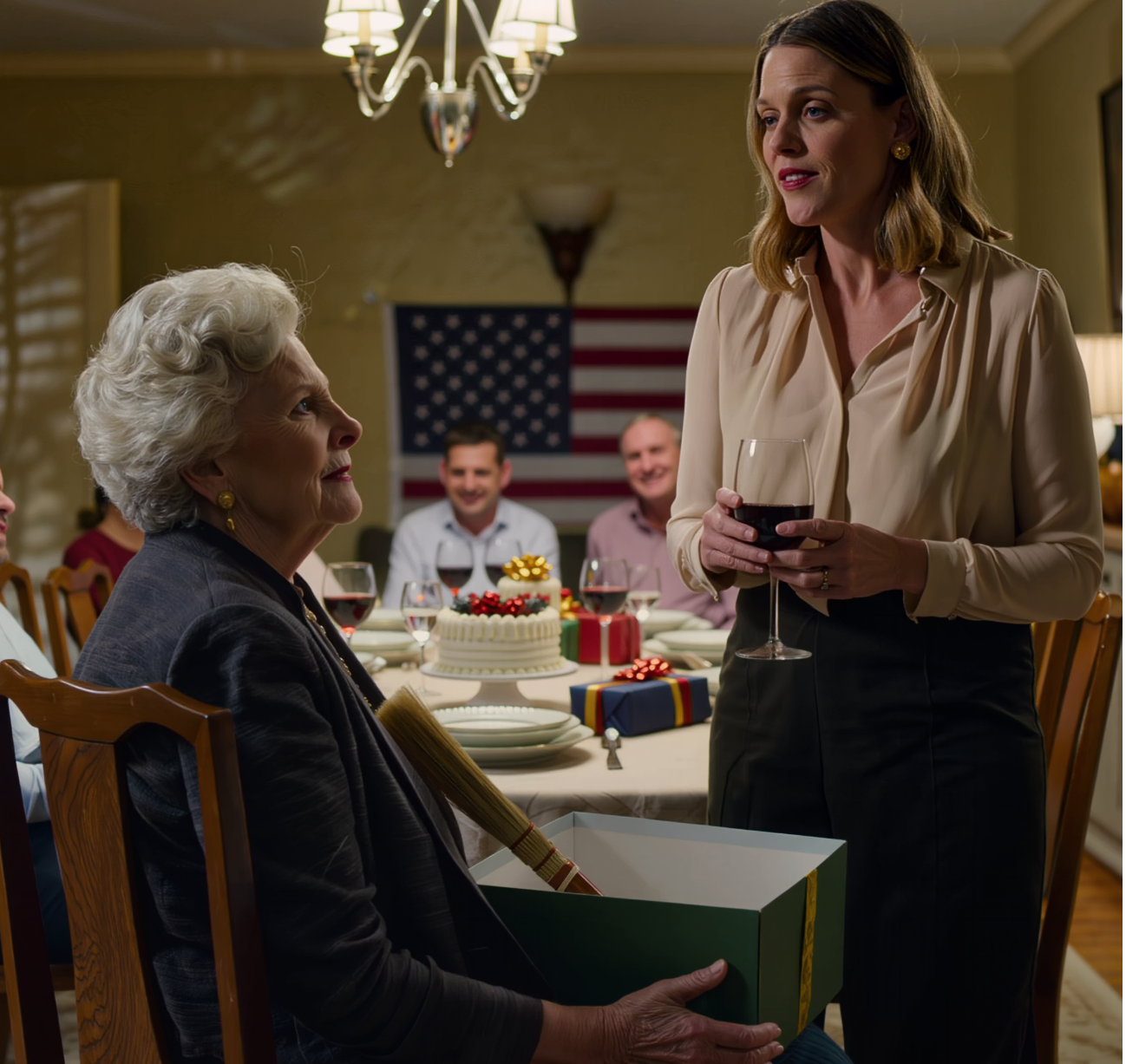 Min svärdotter stoppade en låda i mina händer och flinade: ”Bara lite till så kan mamma flyga iväg.” Hela middagsbordet i det där förortshuset brast ut i skratt, min son sänkte huvudet som om han inte hade hört någonting, och jag bara höll i presenten i mitt knä och sa tack – tills nästa morgon, när något vid ytterdörren lämnade hela familjen stelfrusen – Nyheter