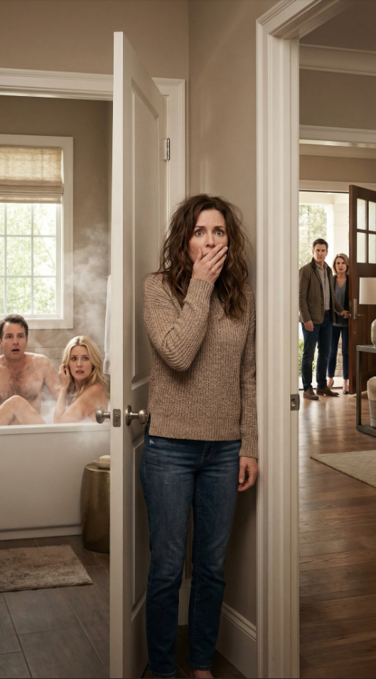 Jag kom hem tidigt och hörde skratt från badrummet. När jag öppnade dörren låg min man i badkaret… med min bästa vän. Jag låste in dem, tog min telefon och ringde hennes man. “Du måste komma hit – just nu.” Minuter senare dök han upp vid min dörr. Men när jag såg vem som klev ut bredvid honom stannade mitt hjärta nästan. Det var då jag insåg att detta svek var ännu större än jag föreställt mig… – Sanna berättelser