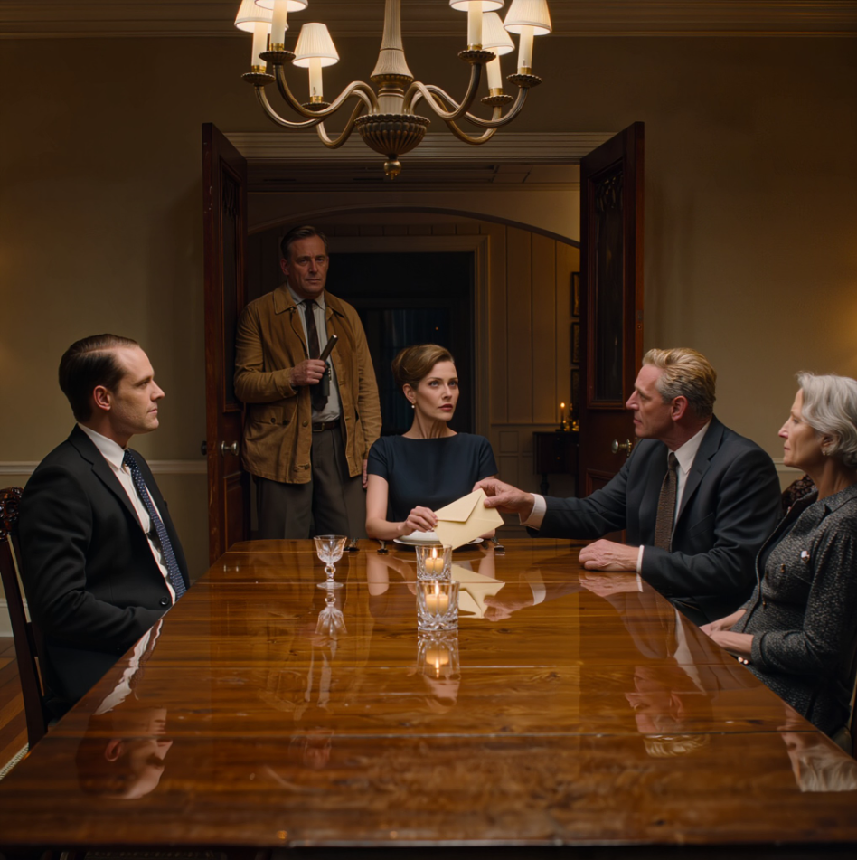 Kuvertet gled över det polerade ekbordet och stannade precis framför mig. Robert Harpers hand vilade kvar på det en stund, som om han ville se till att jag förstod budskapet innan jag ens öppnade det. Rummet var tyst, alldeles för tyst. Kristallglas, bestick, mjuk jazz spelade någonstans i bakgrunden i den enorma matsalen. Och mittemot mig satt min mans föräldrar, människor som trodde att de redan visste allt om mig. Robert lutade sig tillbaka i stolen.