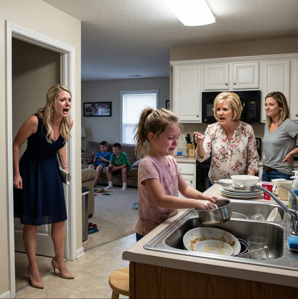 Jag lämnade min dotter hos mina föräldrar på ett bröllop – och kom tillbaka och fann henne gråtande vid diskbänken medan min mamma hånade henne som en tjänsteflicka. – Kungligheter