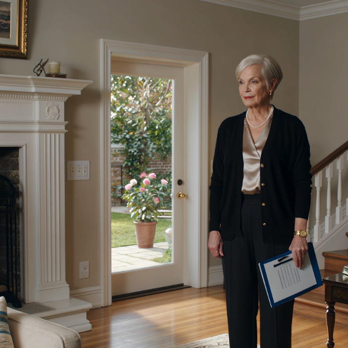 Skrattet nådde mig innan scenen gjorde det. Det var tisdagseftermiddag, och jag hade knappt kommit tillbaka från ett rutinmässigt läkarbesök när jag hörde en främmande mansröst i vardagsrummet och min svärdotter tala med den ljusa, polerade självsäkerheten hos någon som ger en rundtur hon inte hade rätt att ge. – Nyheter