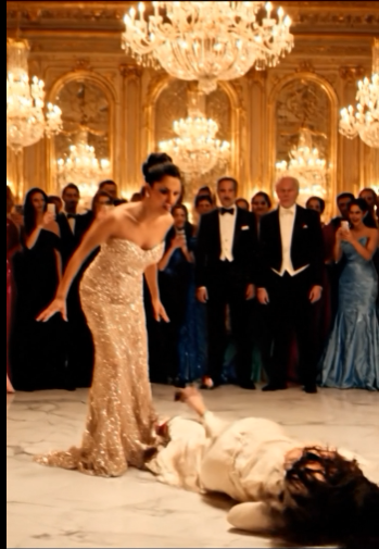 Hon stod där i sin skimrande champagnefärgade klänning, rak i ryggen, med blicken fylld av en kall vrede som fick luften att kännas tung. Mittemot henne stod den yngre kvinnan, klädd i enkelt krämfärgat tyg, redan darrande som om hon visste vad som skulle komma.