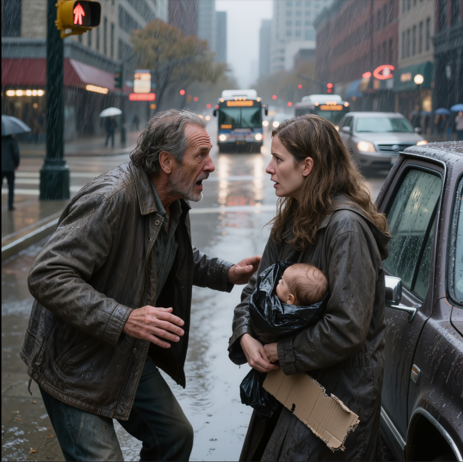 Jag körde in min pickup mitt i en svängfil i Seattle när jag såg min dotter tigga i iskallt regn med en bebis inlindad i sopsäckar. Hon skulle vara säker i en lägenhet i Bellevue med sin mäktiga make. Men när jag sprang fram till henne, blåläppad och skakande, viskade hon: “Pappa, nej – du måste gå. De tittar på.” – Nyheter