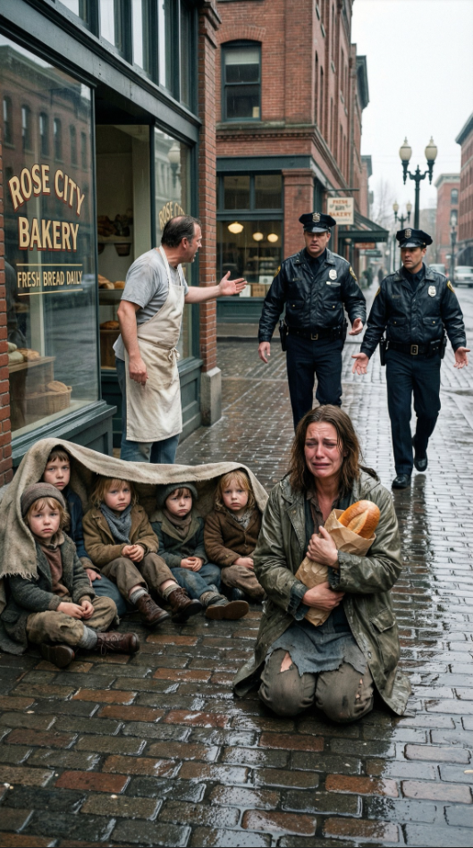 En regnig morgon i Portland stal en desperat mamma bröd för att mata sina fyra hungriga barn – och vad som hände sedan förändrade allt: En arg bagare, en folkmassa redo att döma och två poliser som valde medkänsla framför straff, matleverans, värdighet och en andra chans som påminner oss om att inte fördöma någon innan vi förstår deras historia.