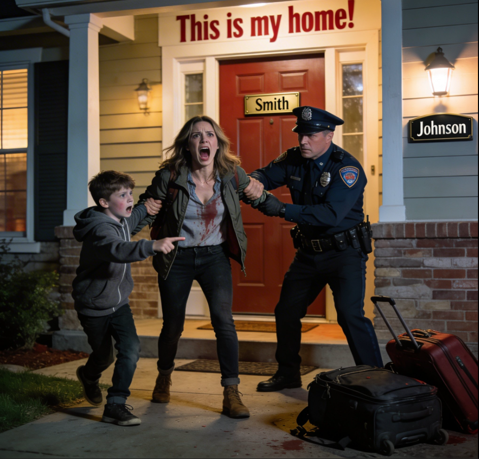 I samma sekund som min dotter och jag kom tillbaka från vår resa grep en polis tag i min arm och sa: ”Du är arresterad för olaga intrång.” ”Nej! Det här är mitt hus!” skrek jag. Men sedan drog min son mjukt i min ärm och viskade: ”Mamma… titta. Namnet på dörren… det har ändrats.” – Story